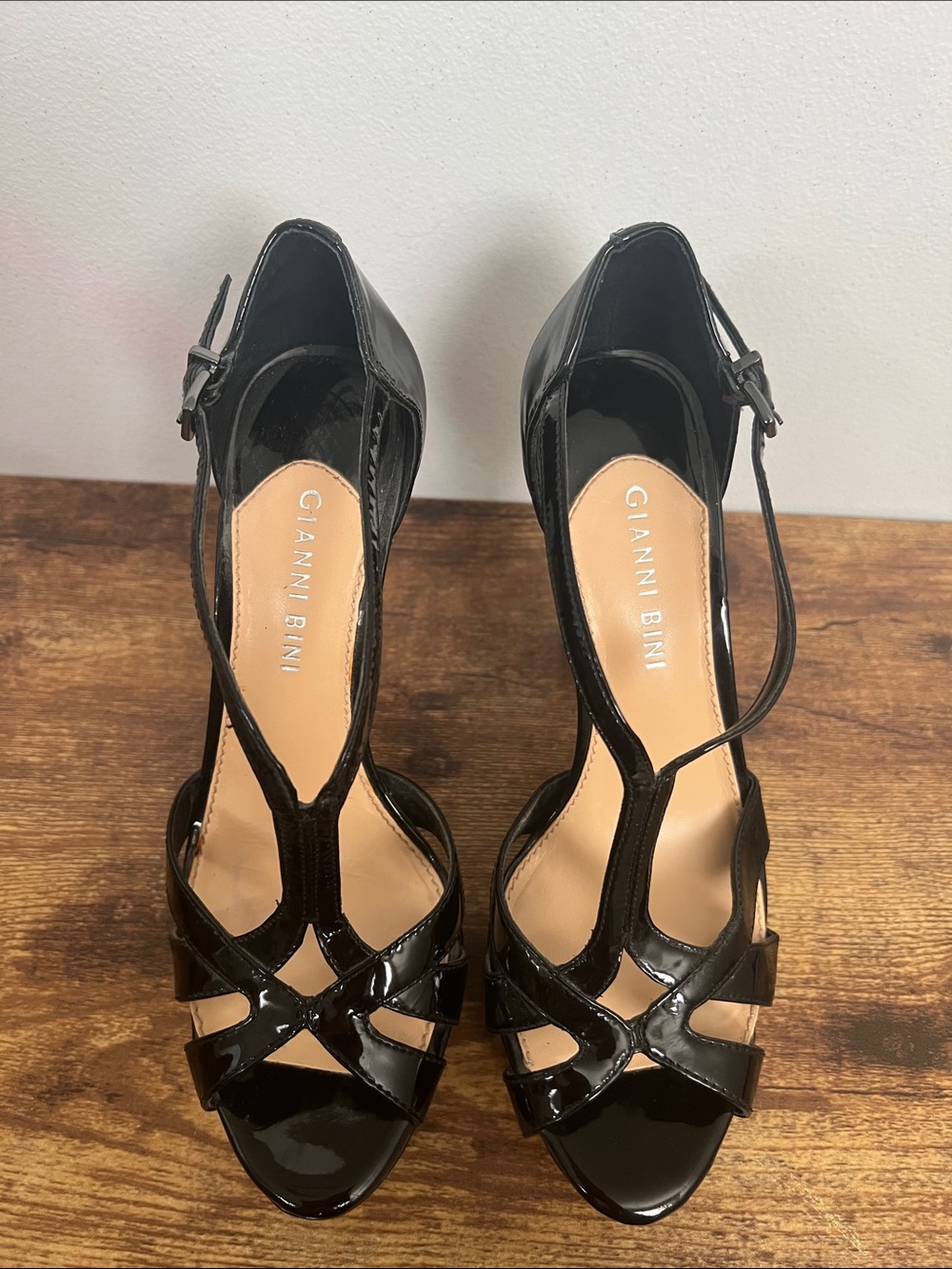 Gianni Bini Black Patent T-Strap Cutout Heels